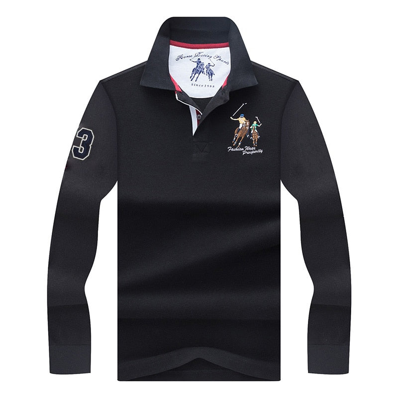 Polo bordado 3D de color sólido de alta calidad, polos informales, polo de manga larga para hombre, novedad de 2018, polosshirt