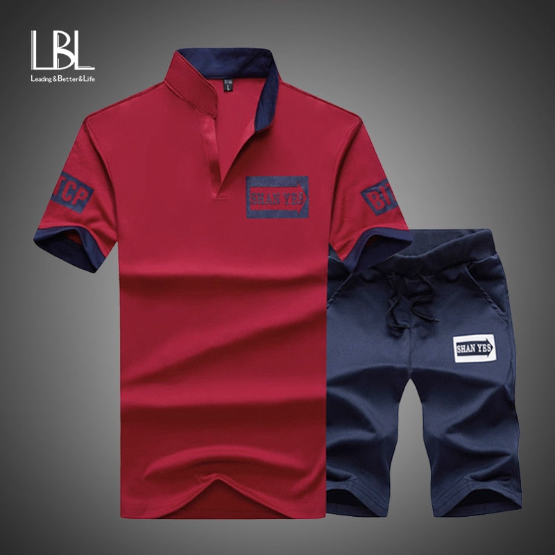 Conjunto de trajes deportivos para hombre 2018, trajes de Fitness de marca, conjunto de 2 piezas de verano, conjunto corto para hombre, cuello alto, moda, 2 piezas, camiseta, pantalones cortos, chándal