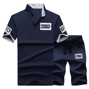 Sportsuits Set Men 2018 Brand Fitness Suits Summer 2PC Top Short Set Mens Stand Collar Fashion 2 Pieces T-shirt Shorts Tracksuit