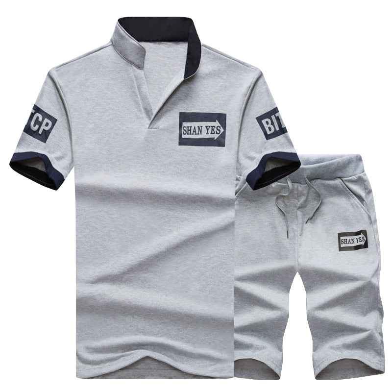 Conjunto de trajes deportivos para hombre 2018, trajes de Fitness de marca, conjunto de 2 piezas de verano, conjunto corto para hombre, cuello alto, moda, 2 piezas, camiseta, pantalones cortos, chándal