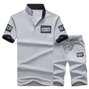 Sportsuits Set Men 2018 Brand Fitness Suits Summer 2PC Top Short Set Mens Stand Collar Fashion 2 Pieces T-shirt Shorts Tracksuit
