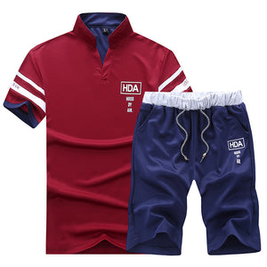 Sportsuits Set Men 2018 Brand Fitness Suits Summer 2PC Top Short Set Mens Stand Collar Fashion 2 Pieces T-shirt Shorts Tracksuit