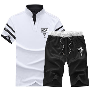 Sportsuits Set Men 2018 Brand Fitness Suits Summer 2PC Top Short Set Mens Stand Collar Fashion 2 Pieces T-shirt Shorts Tracksuit