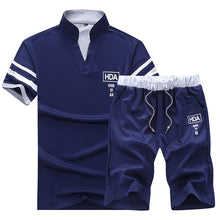 Load image into Gallery viewer, Sportsuits Set Men 2018 Brand Fitness Suits Summer 2PC Top Short Set Mens Stand Collar Fashion 2 Pieces T-shirt Shorts Tracksuit

