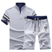 Load image into Gallery viewer, Sportsuits Set Men 2018 Brand Fitness Suits Summer 2PC Top Short Set Mens Stand Collar Fashion 2 Pieces T-shirt Shorts Tracksuit
