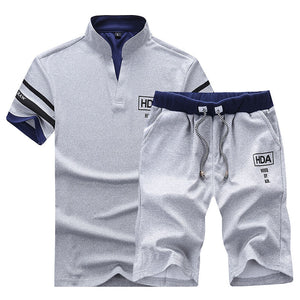 Sportsuits Set Men 2018 Brand Fitness Suits Summer 2PC Top Short Set Mens Stand Collar Fashion 2 Pieces T-shirt Shorts Tracksuit
