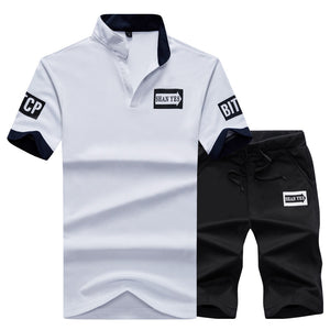 Sportsuits Set Men 2018 Brand Fitness Suits Summer 2PC Top Short Set Mens Stand Collar Fashion 2 Pieces T-shirt Shorts Tracksuit