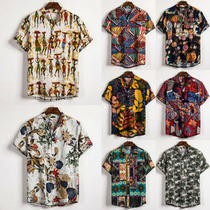 Men Linen Short Sleeve Shirt Summer Floral Loose Baggy Casual Hawaii Holiday Beach Shirts Tee Tops Buttons Blouse National Style