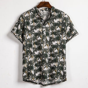 Men Linen Short Sleeve Shirt Summer Floral Loose Baggy Casual Hawaii Holiday Beach Shirts Tee Tops Buttons Blouse National Style