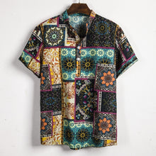 Load image into Gallery viewer, Men Linen Short Sleeve Shirt Summer Floral Loose Baggy Casual Hawaii Holiday Beach Shirts Tee Tops Buttons Blouse National Style
