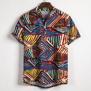 Men Linen Short Sleeve Shirt Summer Floral Loose Baggy Casual Hawaii Holiday Beach Shirts Tee Tops Buttons Blouse National Style