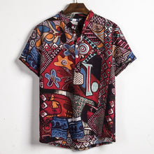 Load image into Gallery viewer, Men Linen Short Sleeve Shirt Summer Floral Loose Baggy Casual Hawaii Holiday Beach Shirts Tee Tops Buttons Blouse National Style
