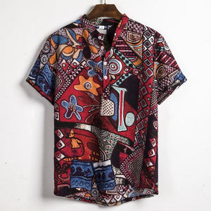 Men Linen Short Sleeve Shirt Summer Floral Loose Baggy Casual Hawaii Holiday Beach Shirts Tee Tops Buttons Blouse National Style
