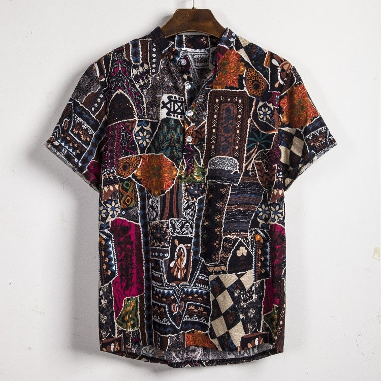 Men Linen Short Sleeve Shirt Summer Floral Loose Baggy Casual Hawaii Holiday Beach Shirts Tee Tops Buttons Blouse National Style