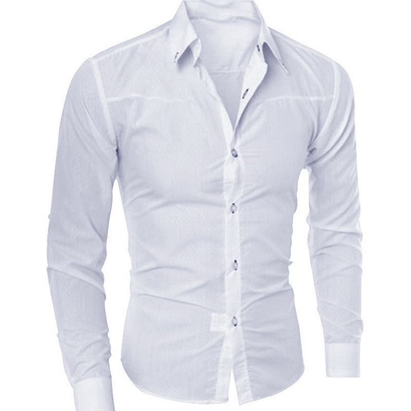 Laamei Camisas formales de manga larga de primavera para hombres, Camisas de vestir de negocios con cuello vuelto básicas ajustadas sólidas, Camisas Masculinas
