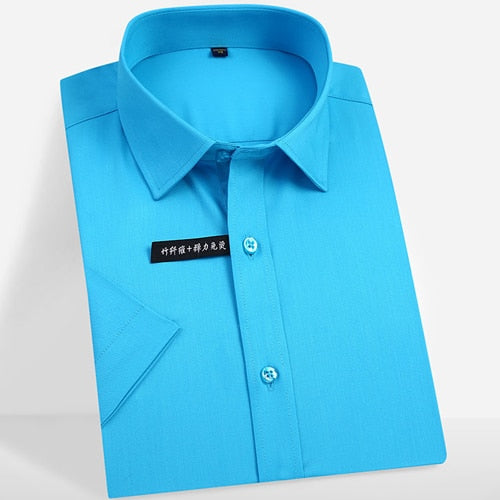 Camisas de vestir sólidas elásticas de manga corta para hombre, camisas formales de ajuste Regular, cómodas y suaves de fibra de bambú, sin hierro, de fácil cuidado
