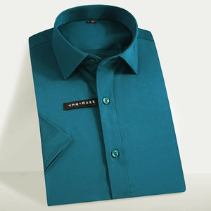 Men's Short Sleeve Stretch Easy Care Solid Dress Shirts Comfortable Soft Bamboo Fiber Non Iron Regular-fit Formal Tops Shirt