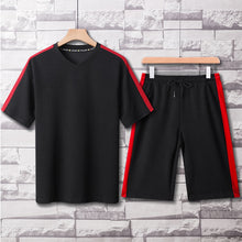 Load image into Gallery viewer, Two Pieces Mens Sets Hip Hop Tshirt Shorts Casual Tracksuit Set Men Sweat Suit Fashion Brand Patchwork Sportswear Male Red Black
