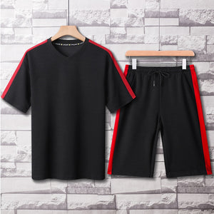 Two Pieces Mens Sets Hip Hop Tshirt Shorts Casual Tracksuit Set Men Sweat Suit Fashion Brand Patchwork Sportswear Male Red Black