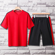 Load image into Gallery viewer, Two Pieces Mens Sets Hip Hop Tshirt Shorts Casual Tracksuit Set Men Sweat Suit Fashion Brand Patchwork Sportswear Male Red Black
