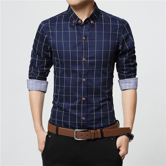 ERIDANUS 2017 camisas de vestir de algodón a cuadros para hombre, camisa informal de negocios ajustada de manga larga de alta calidad para hombre de talla grande 5XL M433