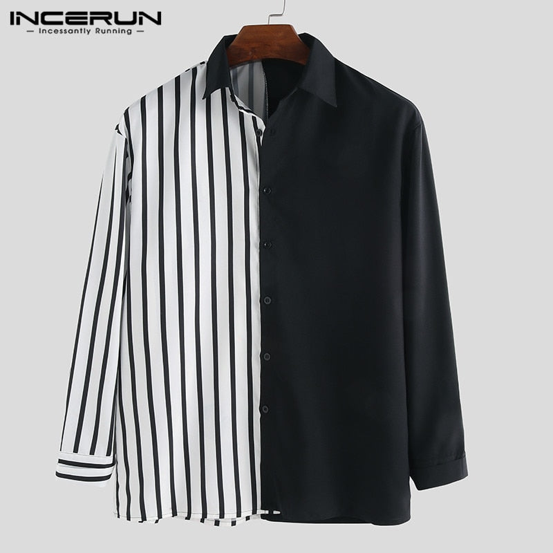 INCERUN Men Shirt Long Sleeve Striped Patchwork Lapel Collar Chic Casual Shirts Men Button Breathable Camisas Hombre 2019 S-5XL