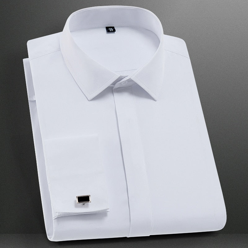 Camisa de vestir clásica con puños franceses para hombre, tapeta cubierta, camisas formales de manga larga de corte estándar para negocios (gemelos incluidos)