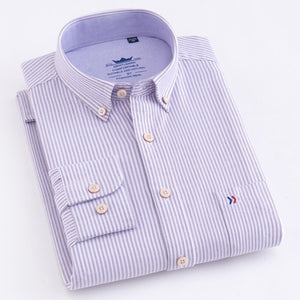 Men's 100% Cotton Oxford Striped Shirt Single Patch Pocket Long Sleeve Regular-fit Comfortable Thick Casual Button-collar Shirts