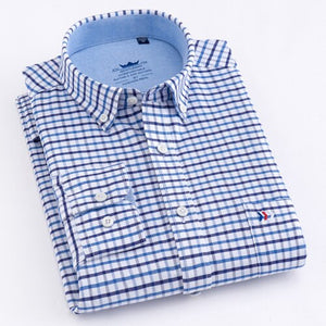 Men's 100% Cotton Oxford Striped Shirt Single Patch Pocket Long Sleeve Regular-fit Comfortable Thick Casual Button-collar Shirts