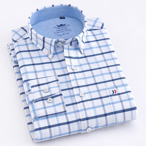 Men's 100% Cotton Oxford Striped Shirt Single Patch Pocket Long Sleeve Regular-fit Comfortable Thick Casual Button-collar Shirts