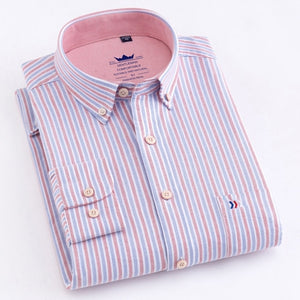 Men's 100% Cotton Oxford Striped Shirt Single Patch Pocket Long Sleeve Regular-fit Comfortable Thick Casual Button-collar Shirts