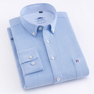 Men's 100% Cotton Oxford Striped Shirt Single Patch Pocket Long Sleeve Regular-fit Comfortable Thick Casual Button-collar Shirts