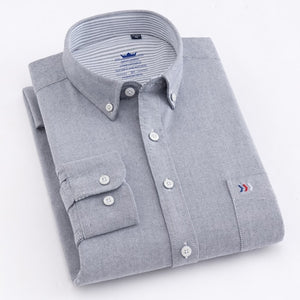 Men's 100% Cotton Oxford Striped Shirt Single Patch Pocket Long Sleeve Regular-fit Comfortable Thick Casual Button-collar Shirts