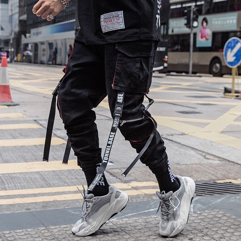 Pantalones Cargo negros Hip Hop para hombre, pantalones de chándal, monos, cintas para hombre, ropa de calle, pantalones Harem, pantalones a la moda para mujer