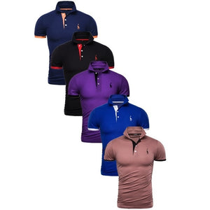 Conjunto de 5 uds de Polo para hombre, Polo de algodón de retazos de manga corta liso ajustado, ropa de calle de moda para hombre