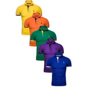 Conjunto de 5 uds de Polo para hombre, Polo de algodón de retazos de manga corta liso ajustado, ropa de calle de moda para hombre