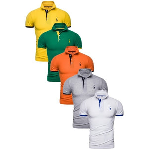 Conjunto de 5 uds de Polo para hombre, Polo de algodón de retazos de manga corta liso ajustado, ropa de calle de moda para hombre