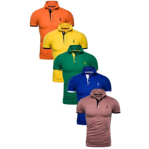 Conjunto de 5 uds de Polo para hombre, Polo de algodón de retazos de manga corta liso ajustado, ropa de calle de moda para hombre
