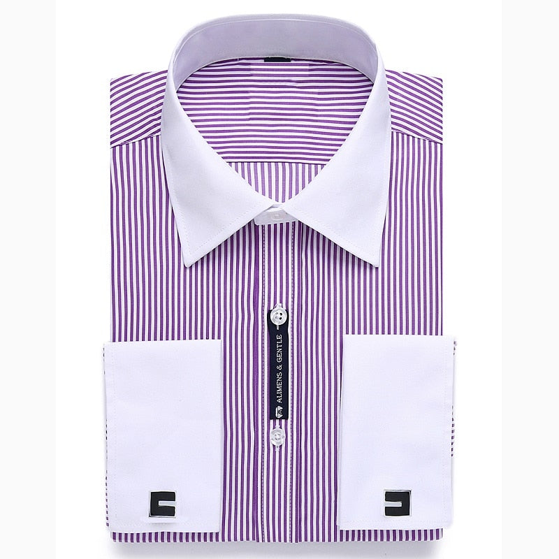 Alimens &amp; Gentle camisa de vestir con puños franceses para hombre, gemelos de manga larga de Color sólido con estilo a rayas, incluye moda 2019 nueva