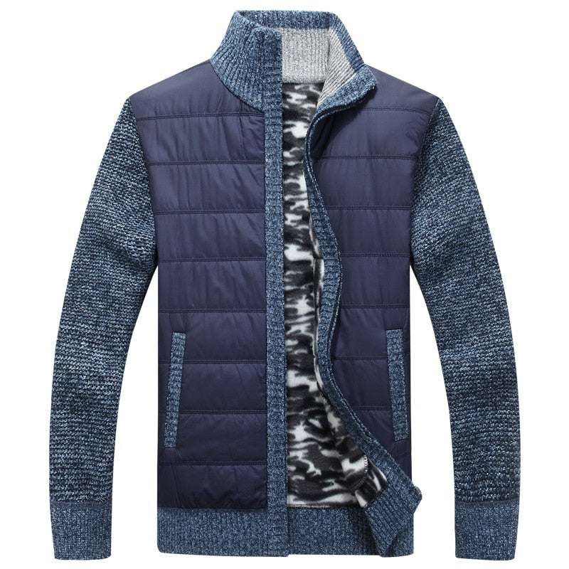Winter Men's Fleece Sweater Coat Thick Patchwork Wool Cardigan Muscle Fit Knitted Jackets Fashionable Male Clothing for Autumn