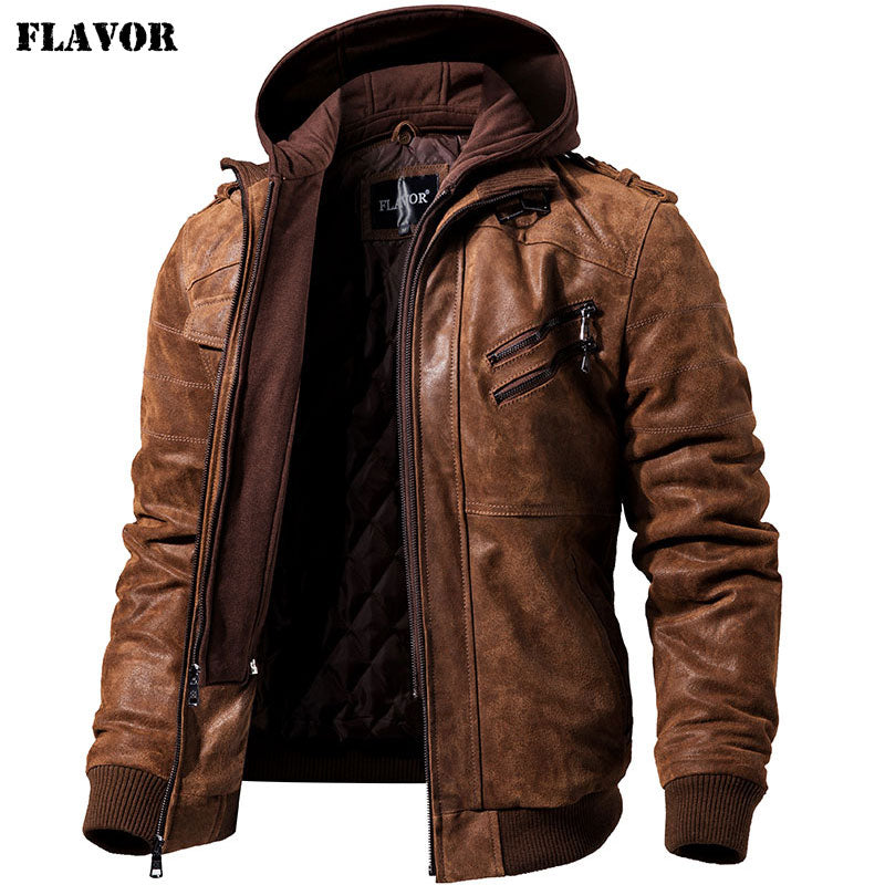 Chaqueta de cuero auténtico para hombre, abrigo de invierno con capucha extraíble para motocicleta, chaquetas cálidas de cuero genuino para hombre