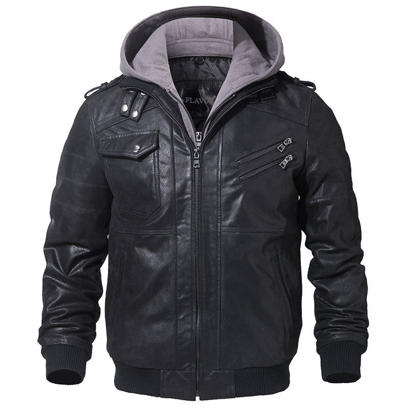 Chaqueta de cuero auténtico para hombre, abrigo de invierno con capucha extraíble para motocicleta, chaquetas cálidas de cuero genuino para hombre