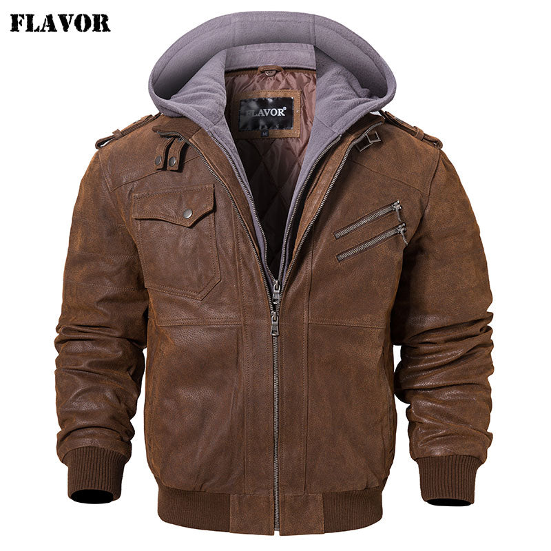 Chaqueta de cuero auténtico para hombre, abrigo de invierno con capucha extraíble para motocicleta, chaquetas cálidas de cuero genuino para hombre