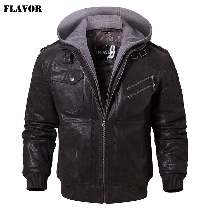 Chaqueta de cuero auténtico para hombre, abrigo de invierno con capucha extraíble para motocicleta, chaquetas cálidas de cuero genuino para hombre