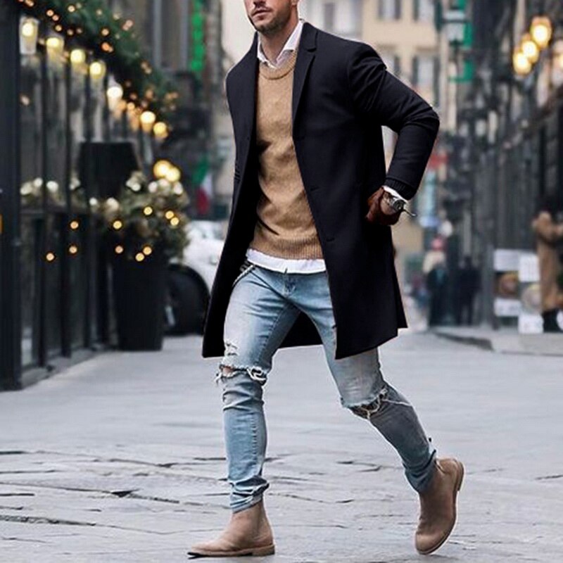 Otoño Invierno para hombre marca chaquetas de mezcla de lana abrigo masculino Casual sólido abrigos con cuello delgado gabardinas largas de algodón ropa de calle
