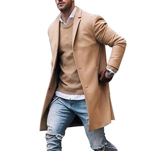 Otoño Invierno para hombre marca chaquetas de mezcla de lana abrigo masculino Casual sólido abrigos con cuello delgado gabardinas largas de algodón ropa de calle