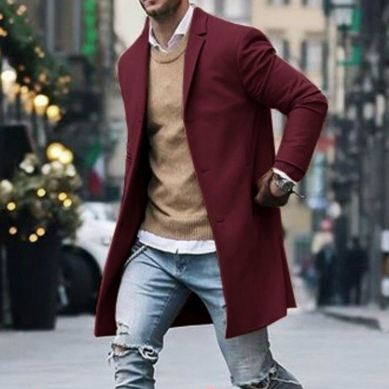 Otoño Invierno para hombre marca chaquetas de mezcla de lana abrigo masculino Casual sólido abrigos con cuello delgado gabardinas largas de algodón ropa de calle