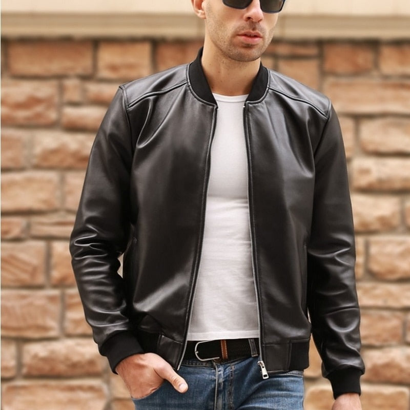 Chaqueta Bomber de piel auténtica de oveja para hombre, abrigos de piloto de aviador negros, ajustados, de piel de oveja, talla grande 5XL