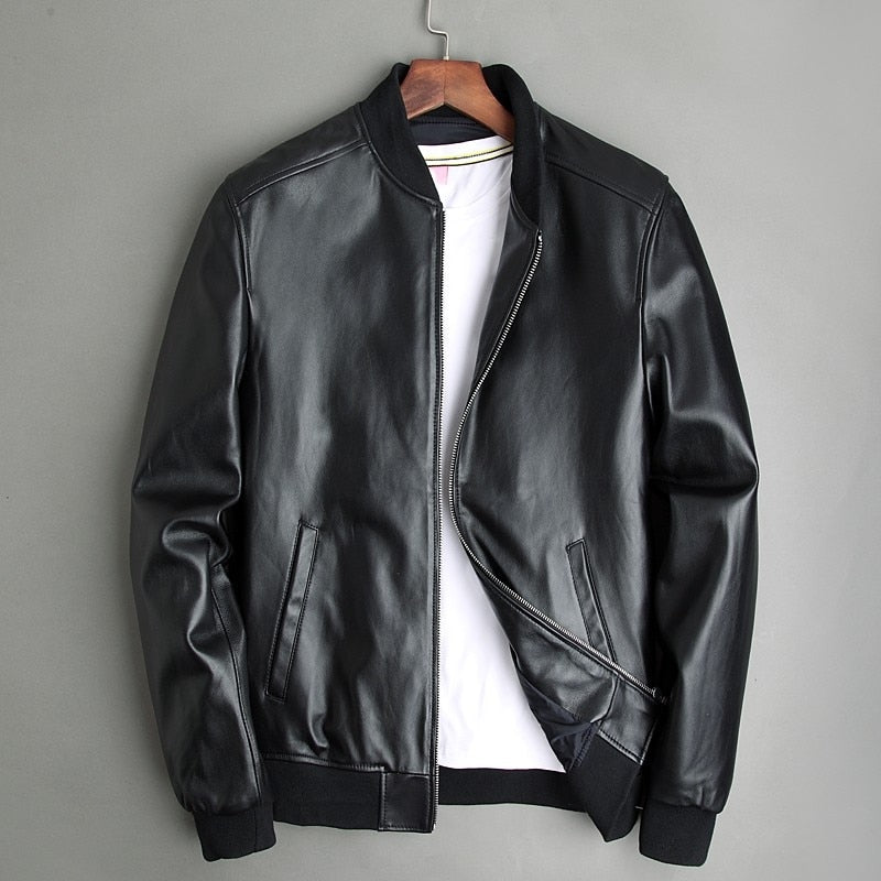 Chaqueta Bomber de piel auténtica de oveja para hombre, abrigos de piloto de aviador negros, ajustados, de piel de oveja, talla grande 5XL