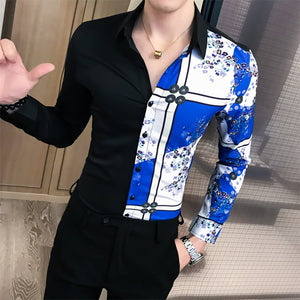 Luxury Black Gold Shirt 2019 Autumn Baroque Men Shirt Long Sleeve Patchwork  Casual Shirt Men Slim Fit Print Party Club Shirt